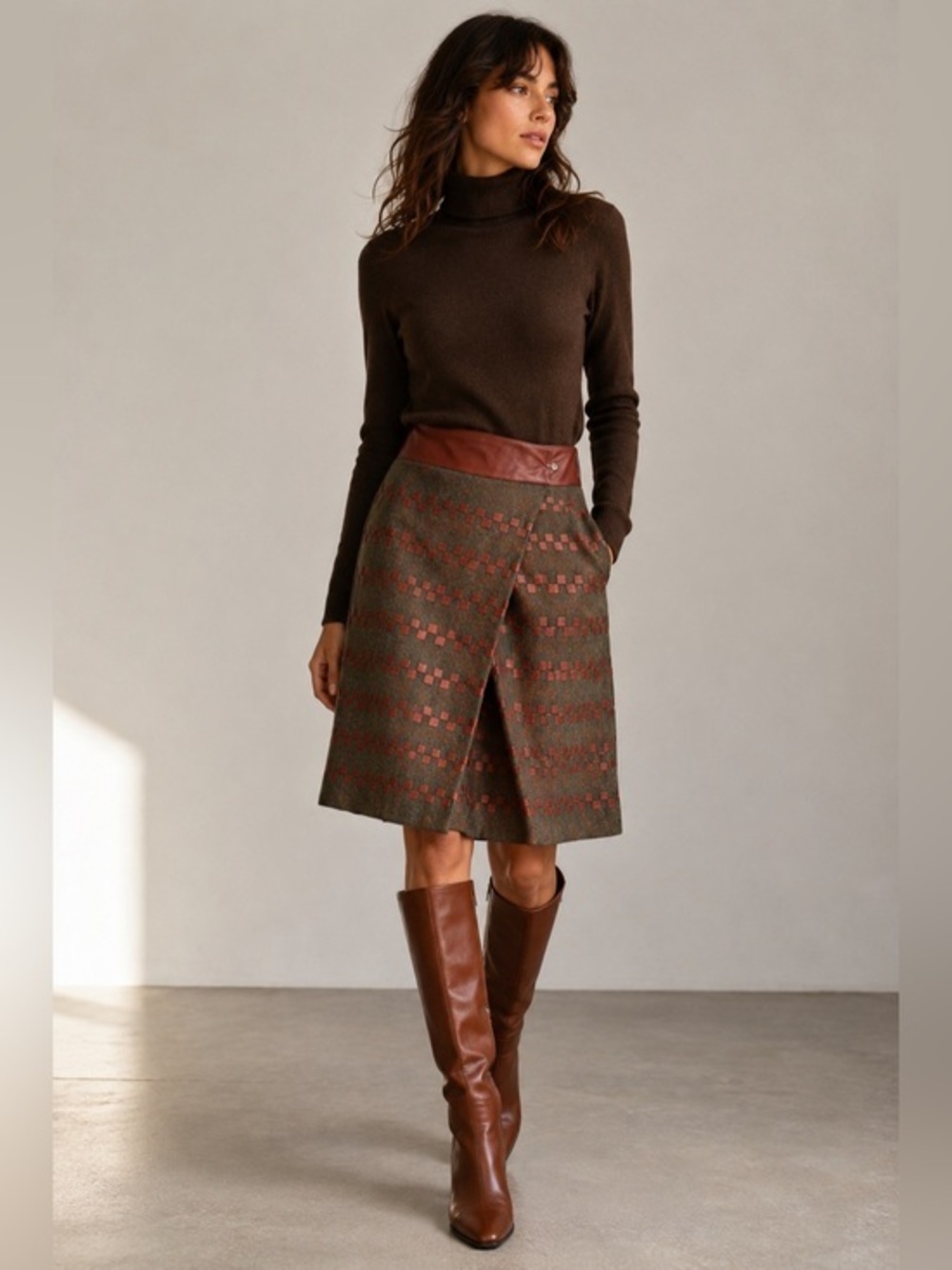 Graeme Black Brown Wool Leather Trim Wrap Skirt Women’s EU40 US M Italy